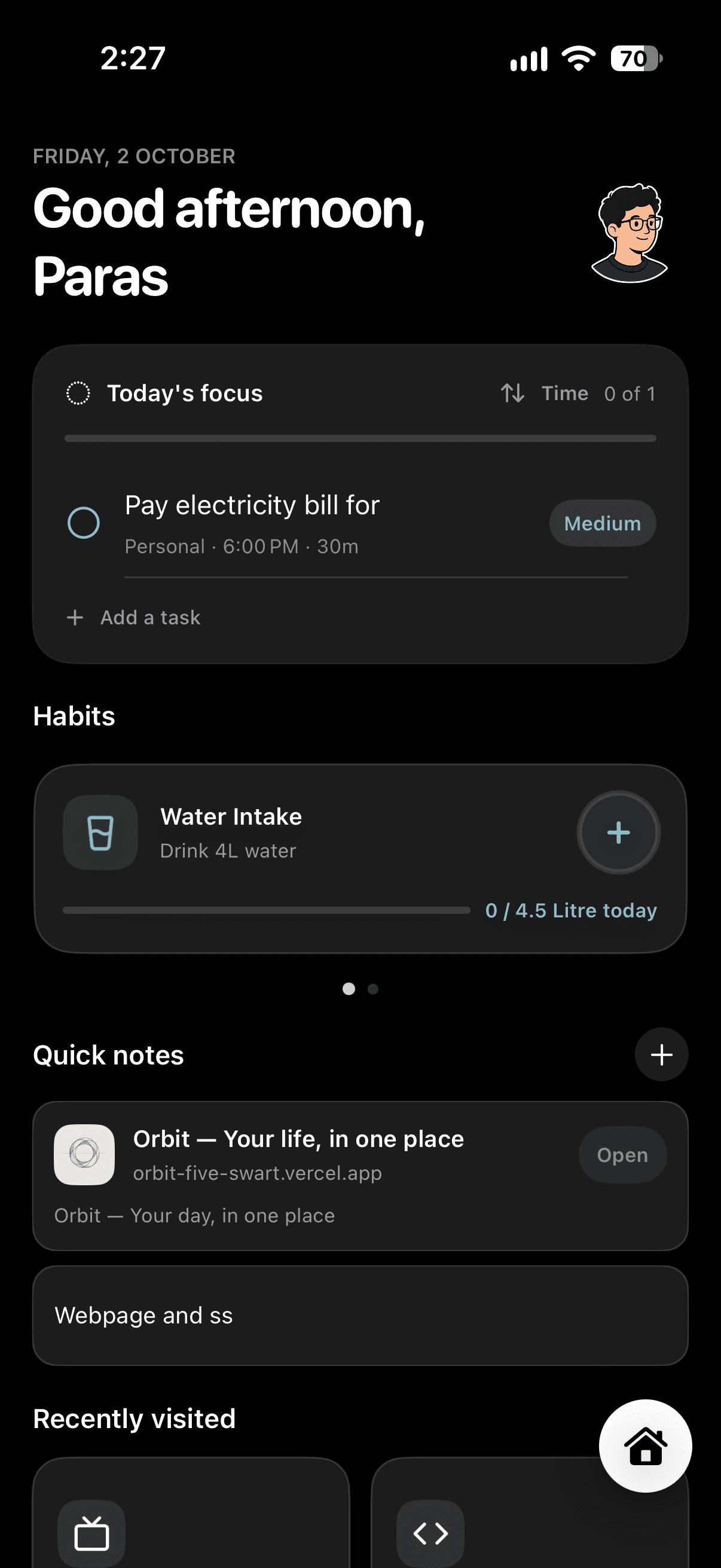 Two current Orbit home screen views on iPhone